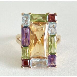 14K Solid Yellow Gold Multi Gemstone HUGE Large Statement Cocktail Ring Size 11
